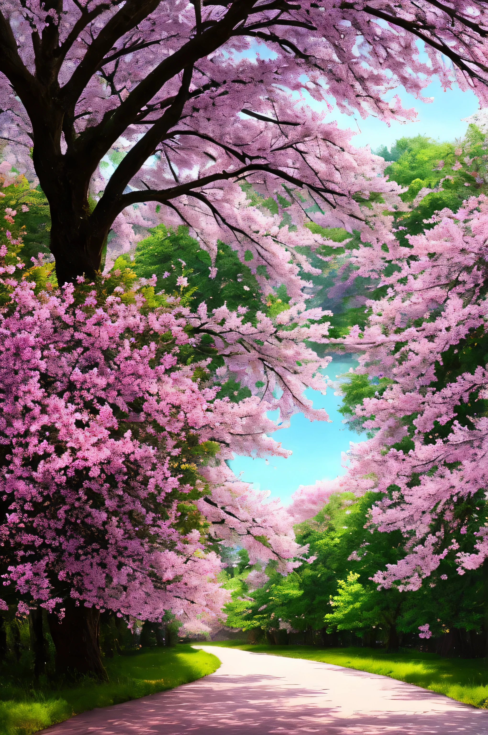 masterpiece, best quality, high quality, extremely detailed 8k wallpaper of CG unit, a charming and dreamy scene of a lush forest of sakuras, with tall trees, creating a sense of mystique and enchantment, artistic station, digital illustration, intricate, trend, pastel colors, oil painting, award-winning photography, Bokeh, depth of field, HDR, flower, chromatic aberration, photorealistic, extremely detailed, trend in artstation, trend in CGsociety, intricate, high detail, dramatic, art in the middle of the journey, old tree, winding road, lakelet, cherry blossom tree, small lake next to the forest, tree tunnel, forsythia flower, sunshine