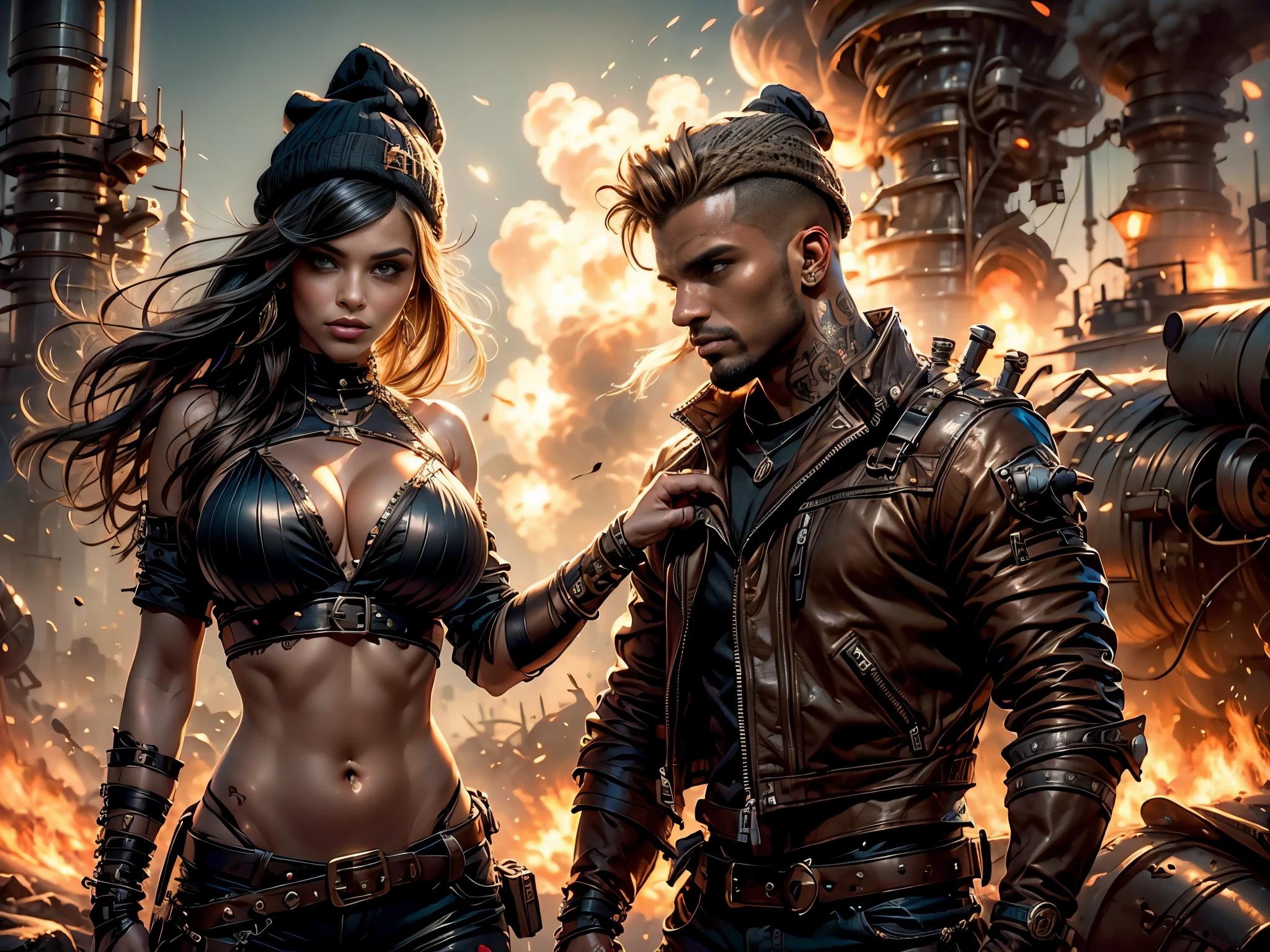 8K high resolution and sharp image. La imagen debe ser super original y compleja, con una variedad de colores hermosos y vibrantes.(Obra maestra, Mejor calidad),incredibly beautiful young heterosexual couple kissing face to face on the streets, This illustration captures beautiful punk style radiant, flowing hair... vestida al estilo Mad Max, lleva un gorro de piloto de cuero adornado con intrincados adornos, una chaqueta de cuero rasgada que cubre su torso adornado con numerosos adornos y tachuelas de metal. Her outfit is completed with punk-inspired pants and combat boots...She poses dynamically and sensually.., her captivating expression, radiating an aura of confidence and challenge. The backdrop of this masterpiece is nothing short of epic..,de noche, showing a destructive apocalyptic explosions scene, 32k