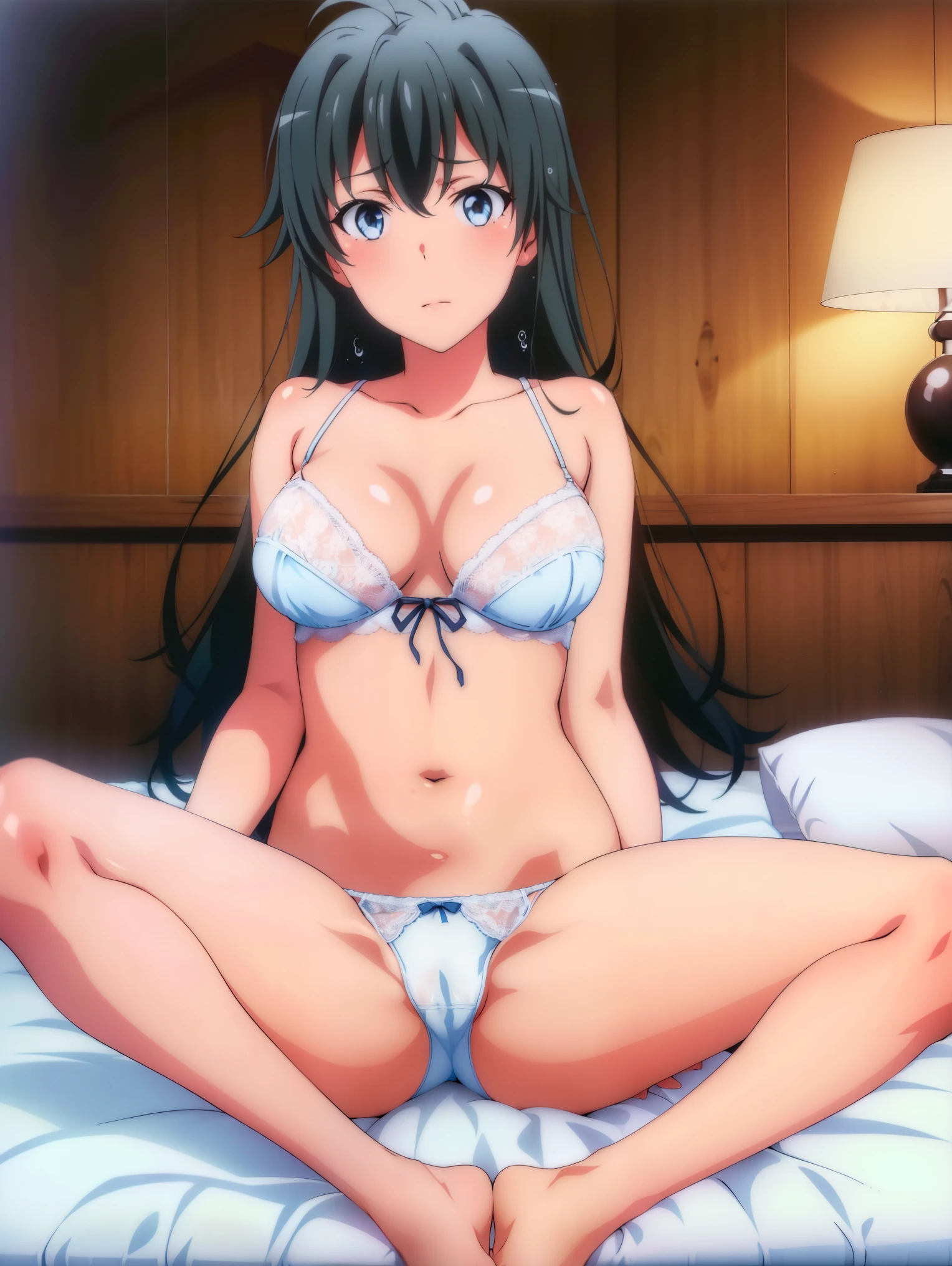 1 girl,(bed),(yukih0sita yukino),blush,underwear,(whole body:1,0),Sweat,long legs,barefoot,,( cameltoe:1.0),(Love juice overflows from pantiain on panties),(wh),(White ruffled panties),