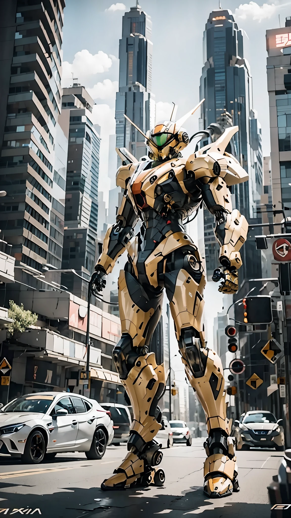 best quality，masterpiece，16k，Giant mecha,Vital Suits,building,Car tire structure feet,car,city,city lights,cityscape,cloud,day,destruction,east asian architecture,ground vehicle,Complex mecha structure,Looking up,Multicolored mecha,Half squat posture,full body,Super complex mechanical structure,mecha,outdoors,radio antenna,realistic,road,ruins,science fiction,skyscraper,street,traffic light