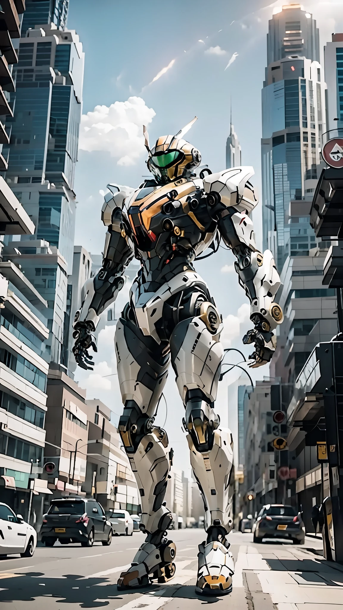 best quality，masterpiece，16k，Giant mecha,Vital Suits,building,Car tire structure feet,car,city,city lights,cityscape,cloud,day,destruction,east asian architecture,ground vehicle,Complex mecha structure,Looking up,Multicolored mecha,Half squat posture,full body,Super complex mechanical structure,mecha,outdoors,radio antenna,realistic,road,ruins,science fiction,skyscraper,street,traffic light