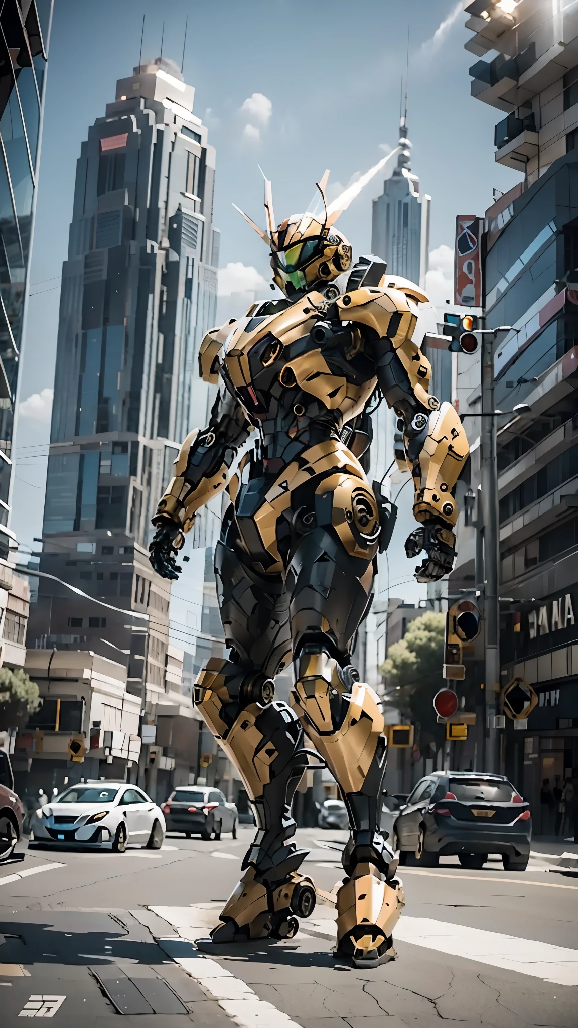 best quality，masterpiece，16k，Giant mecha,Vital Suits,building,Car tire structure feet,car,city,city lights,cityscape,cloud,day,destruction,east asian architecture,ground vehicle,Complex mecha structure,Looking up,Multicolored mecha,Half squat posture,full body,Super complex mechanical structure,mecha,outdoors,radio antenna,realistic,road,ruins,science fiction,skyscraper,street,traffic light