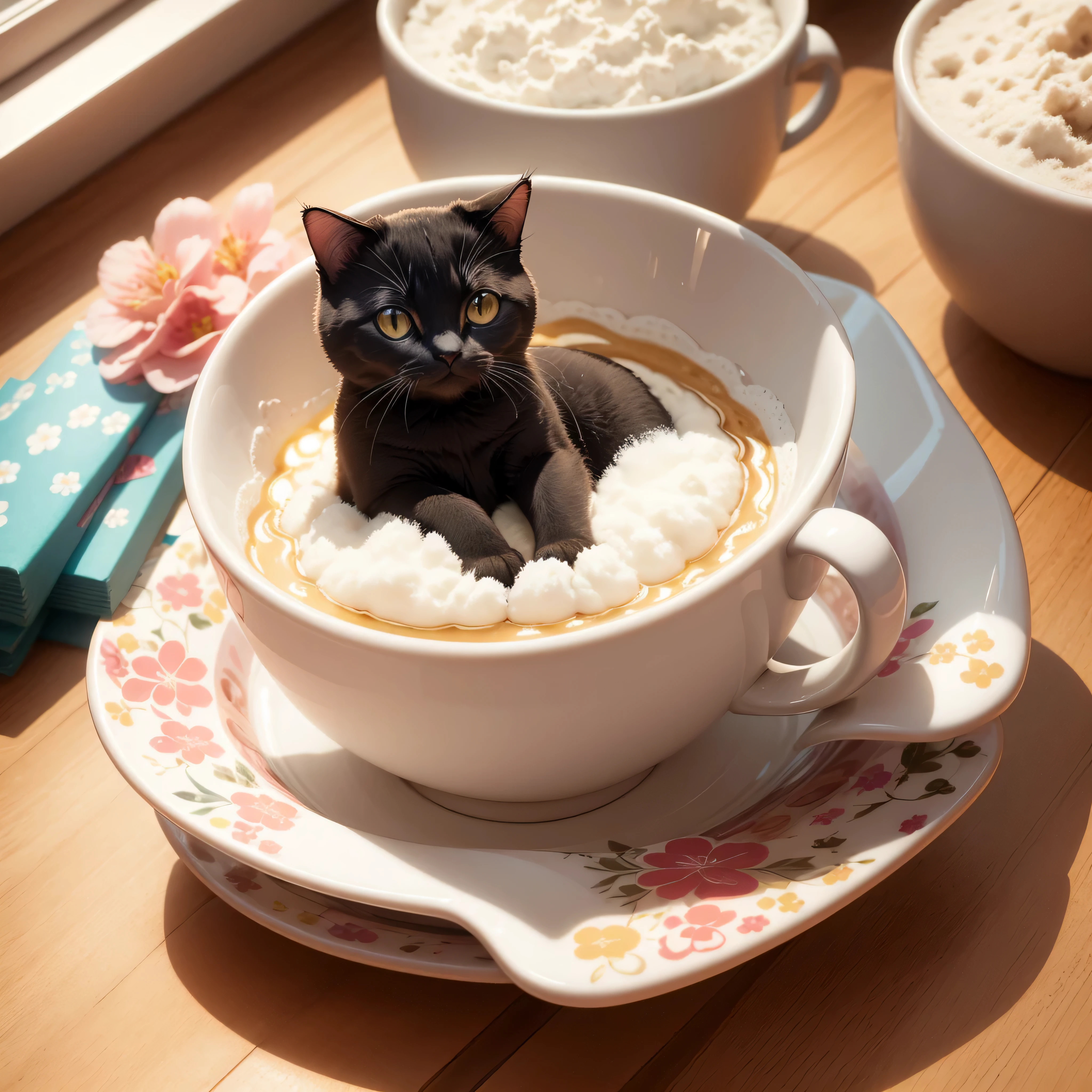 adorable cute cat in cup, Illustration, No background, anime, milk, cookie, in flower frame