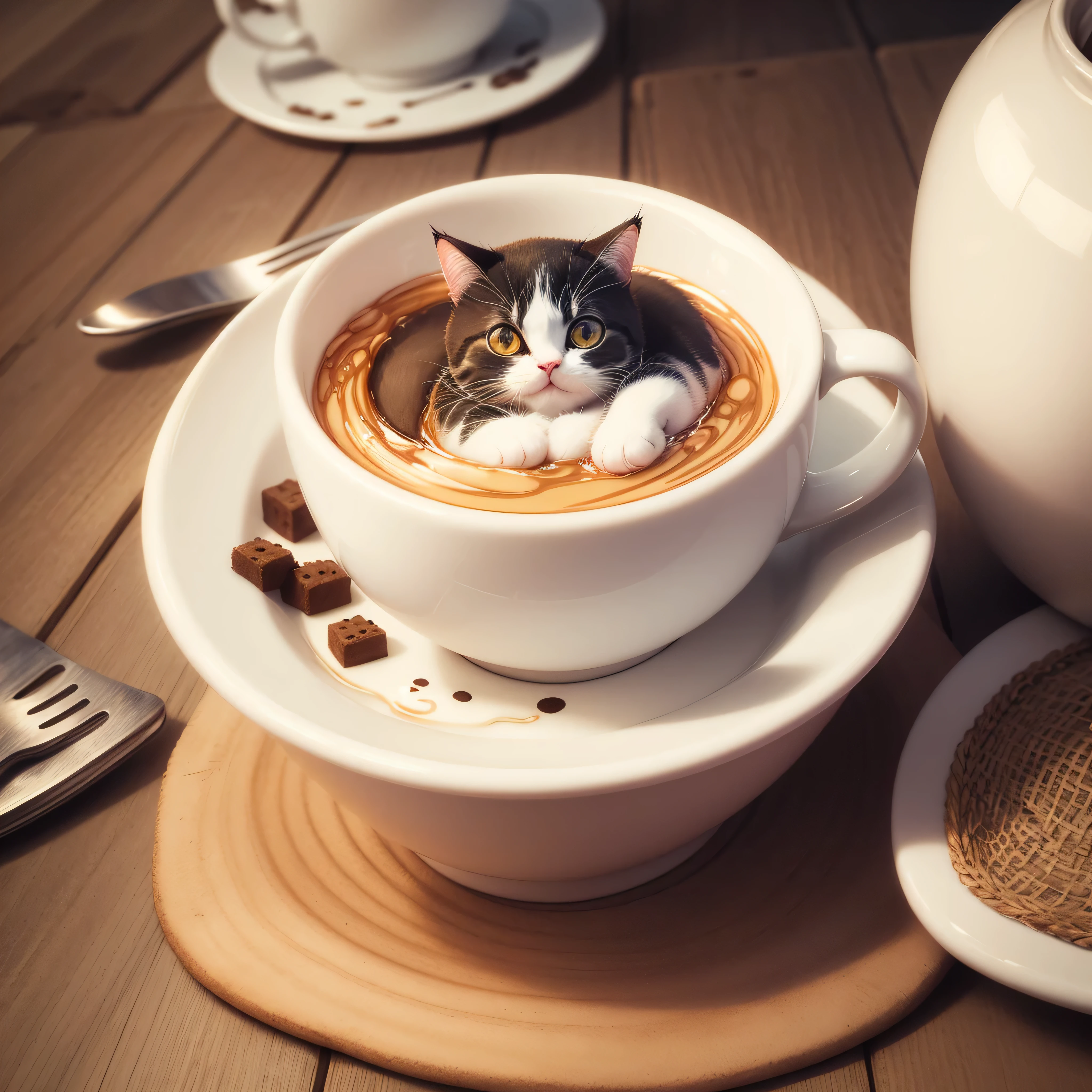 adorable cute cat in cup, Illustration, No background, anime, milk, cookie, in flower frame