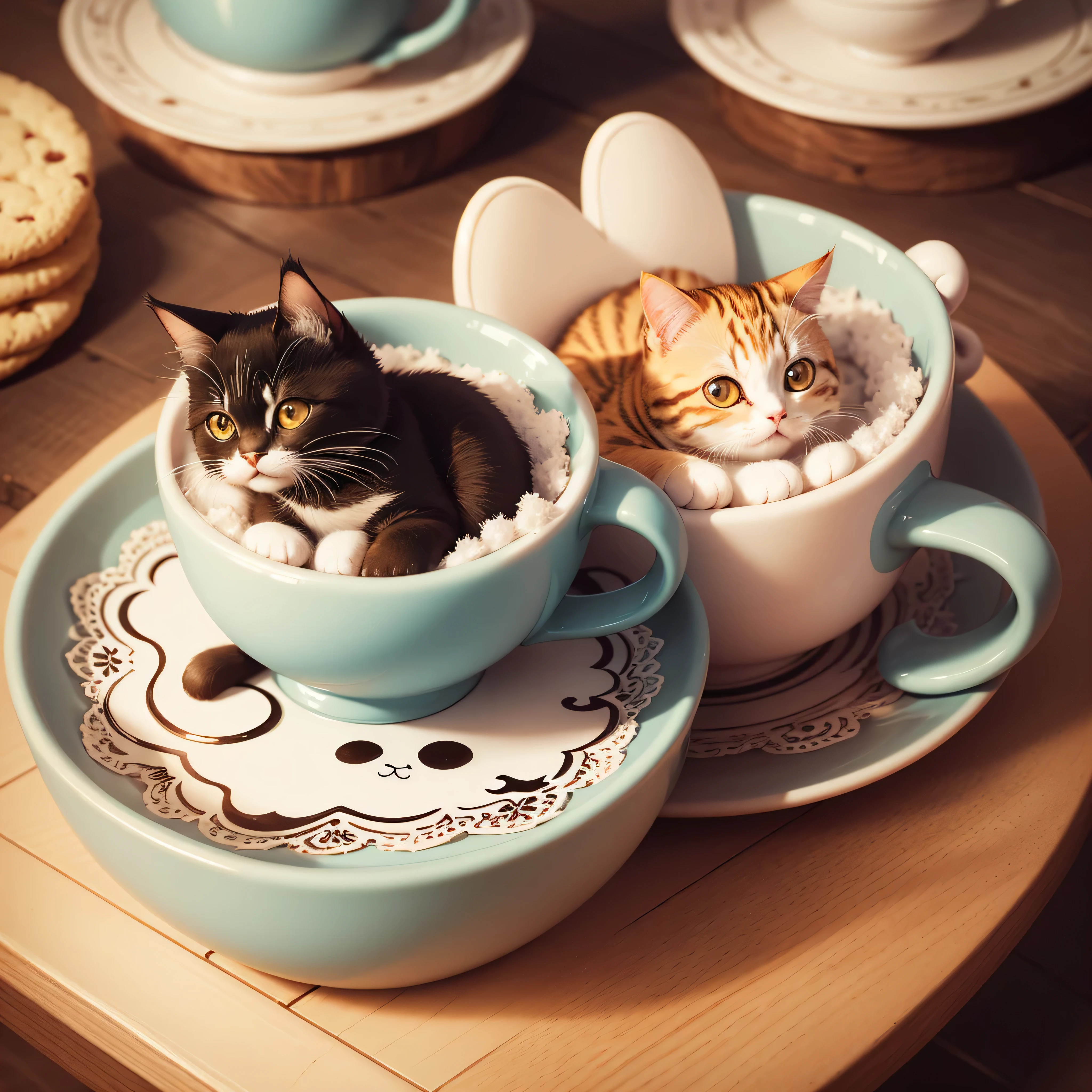 adorable cute cat in cup, Illustration, No background, anime, milk, cookie, in flower frame