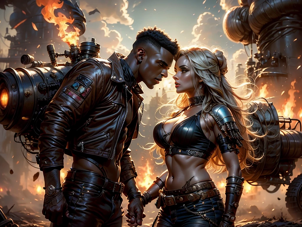 8K high resolution and sharp image. La imagen debe ser super original y compleja, con una variedad de colores hermosos y vibrantes.(Obra maestra, Mejor calidad),incredibly beautiful young heterosexual couple kissing face to face on the streets, This illustration captures beautiful punk style radiant, flowing hair... vestida al estilo Mad Max, lleva un gorro de piloto de cuero adornado con intrincados adornos, una chaqueta de cuero rasgada que cubre su torso adornado con numerosos adornos y tachuelas de metal. Her outfit is completed with punk-inspired pants and combat boots...She poses dynamically and sensually.., her captivating expression, radiating an aura of confidence and challenge. The backdrop of this masterpiece is nothing short of epic..,de noche, showing an apocalyptic scene, vehiculos estilo mad max, 32k