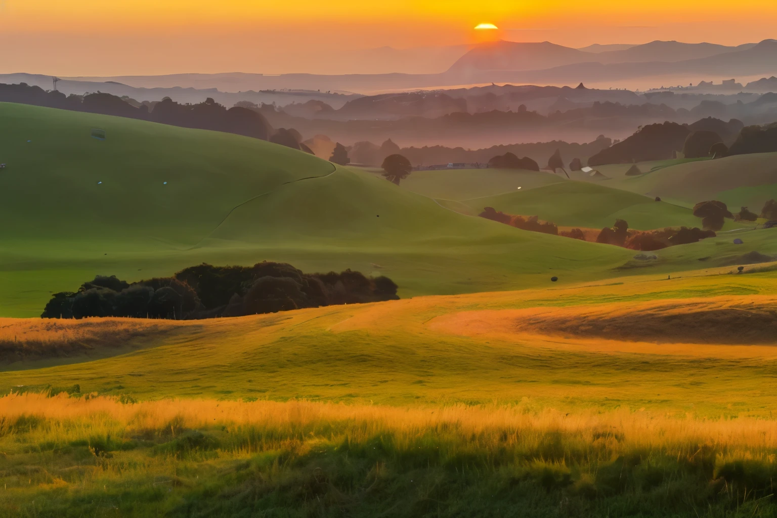Sunrise over rolling hills and meadows