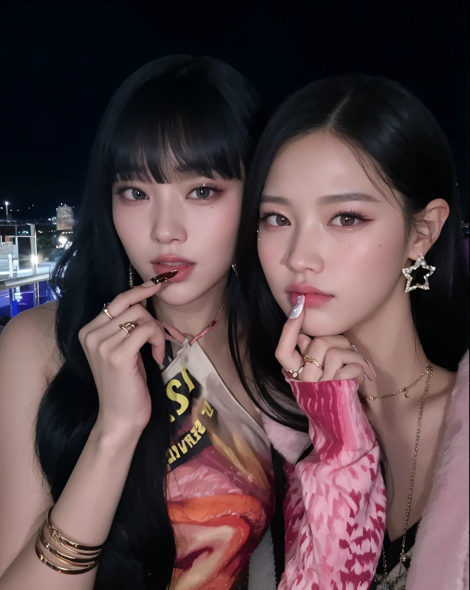 two asian women posing for a picture while holding lipstick, blackpink, twice, very very low quality picture, jossi of blackpink, roseanne park of blackpink, portrait of jossi of blackpink, nixeu and sakimichan, kda and sam yang, 8k selfie photograph, lalisa manobal, lalisa manoban of blackpink, 8k))