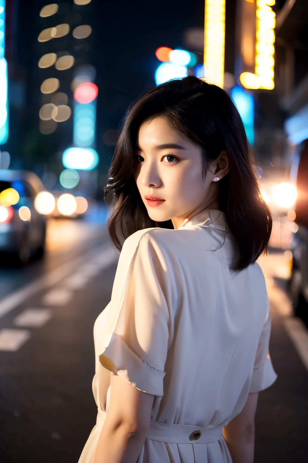 ((best quality)), ((masterpiece)), (Cinematic Aesthetic:1.4) Photo of a beautiful korean fashion model bokeh city night