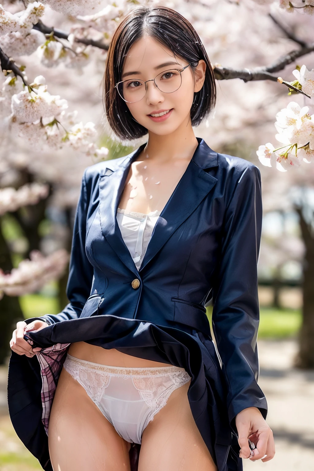 (((Navy business sheath skirt suit)))、Business lady、See-through shirt with see-through bra、ultra - detailed、tmasterpiece、top-quality、ultra high resolution、8K high image quality、Photogenic clarity、detailed eyes、Spring outdoor、perfect anatomy body proportions ,hdd , Nikon Z9 80mm lenodel standing、Small panties、Small panties、Pubic hair can be seen through the lace of the panties、(camel toe),(((Underwear is white, white lace material underwear..)))、(((See all panties)))、(((I must be wearing a skirt)))、(((Lift up the hem of the skirt)))、sit in triangle,Thighs slightly inwards、panty focus、Natural light is too bright、rays of sunshine、Detailed lace panty pattern、(((When standing, She lifts up her skirt to show her underwear to the camera.)))、(((Beautiful arrangement and snow-white teeth)))、(((Lift the skirt bigger and bigger、Show your panties to the camera)))、Companies are the most popular、The most beautiful staff、Ultra-thin body、Slim model、beautiful postures、Black wavy short pixie hair、shairband、Her eyes sparkled.、shiny lip、Flesh-colored ultra-thin pantyhose、((wind effect:1.5)), ((blue sky)), ((cherry blossom:1.4)), high res,8k raw photo,photorealistic,((A shower of cherry blossoms:1.3)),cleavage,Glasses,