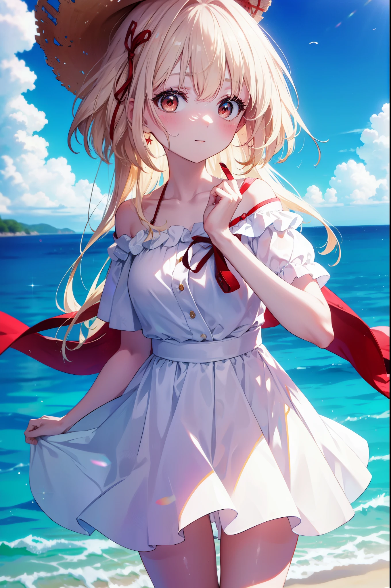 chisatonishikigi, nishikigi chisato,long hair , bangs, blonde hair, (red eyes:1.5), ,smile,blush,open your mouth,Big straw hat,off shoulder dress,long skirt,naked neck,bare shoulders,bare clavicle,Grabbing the skirt with both hands and lifting it up,barefoot,beachの砂浜を散歩しながら,Blonde hair waving in the breeze, true summer,Light of the sun,
break outdoors,beach ,
break looking at viewer, (cowboy shot:1.5),
break (masterpiece:1.2), highest quality, High resolution, unity 8k wallpaper, (figure:0.8), (detailed and beautiful eyes:1.6), highly detailed face, perfect lighting, Very detailed CG, (perfect hands, perfect anatomy),