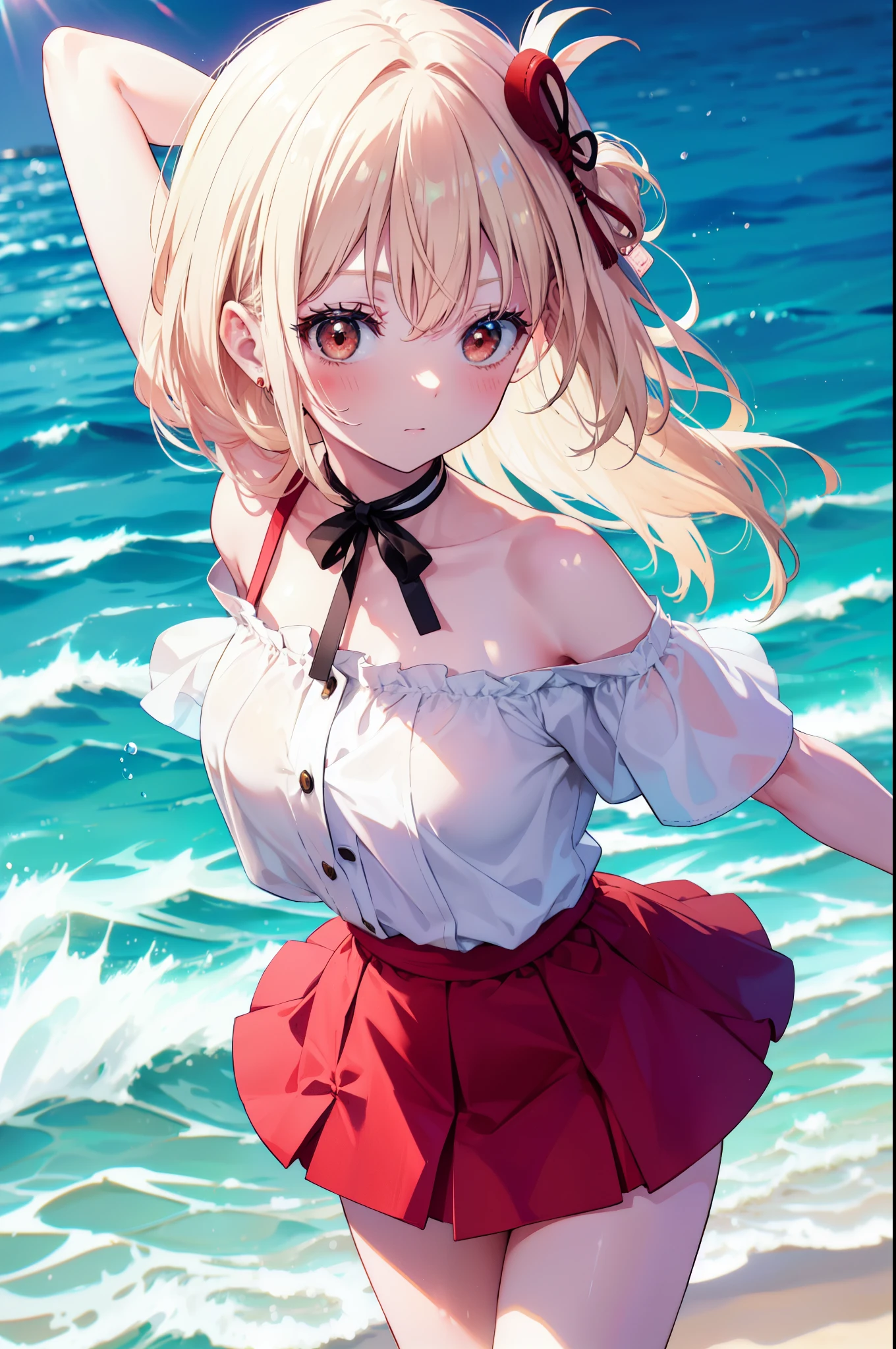 chisatonishikigi, nishikigi chisato,long hair , bangs, blonde hair, (red eyes:1.5), ,smile,blush,open your mouth,Big straw hat,off shoulder dress,long skirt,naked neck,bare shoulders,bare clavicle,Grabbing the skirt with both hands and lifting it up,barefoot,beachの砂浜を散歩しながら,Blonde hair waving in the breeze, true summer,Light of the sun,
break outdoors,beach ,
break looking at viewer, (cowboy shot:1.5),
break (masterpiece:1.2), highest quality, High resolution, unity 8k wallpaper, (figure:0.8), (detailed and beautiful eyes:1.6), highly detailed face, perfect lighting, Very detailed CG, (perfect hands, perfect anatomy),