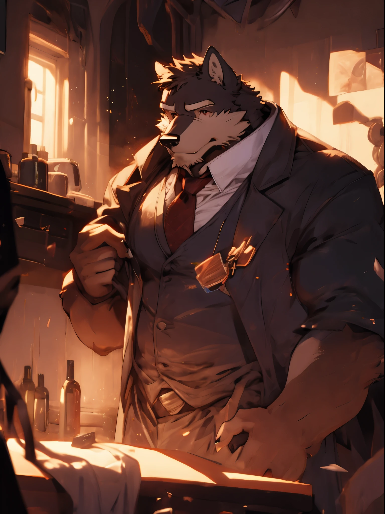 Wolf，fat uncle，doctor outfit，basement。