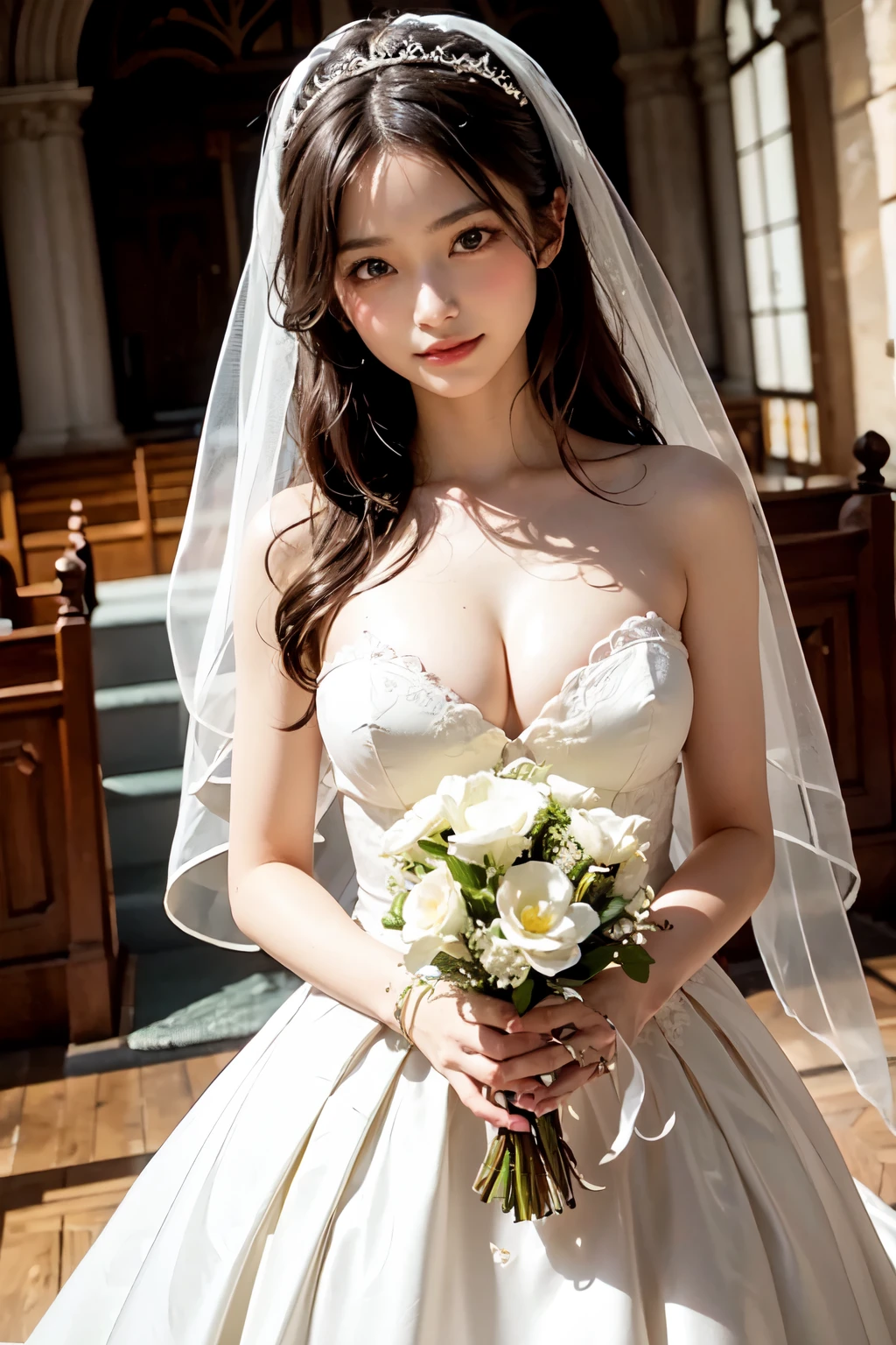 very cute and beautiful girl,(very detailed美しい顔), (smile),blush,cowboy shot,looking at the viewer、Are standing, (wedding dress with detailed ruffles),Fine lace、veil、I can see the cleavage、medium breasts, altar,church,indoor, (highest quality,masterpiece:1.2),disorganized,High resolution,super detailed,very detailed,32K,8K resolution, intricate details,movie-like scene,detailed background,alone,dynamic angle,(realistic),perfect hands,brown long hair、has a beautiful bouquet