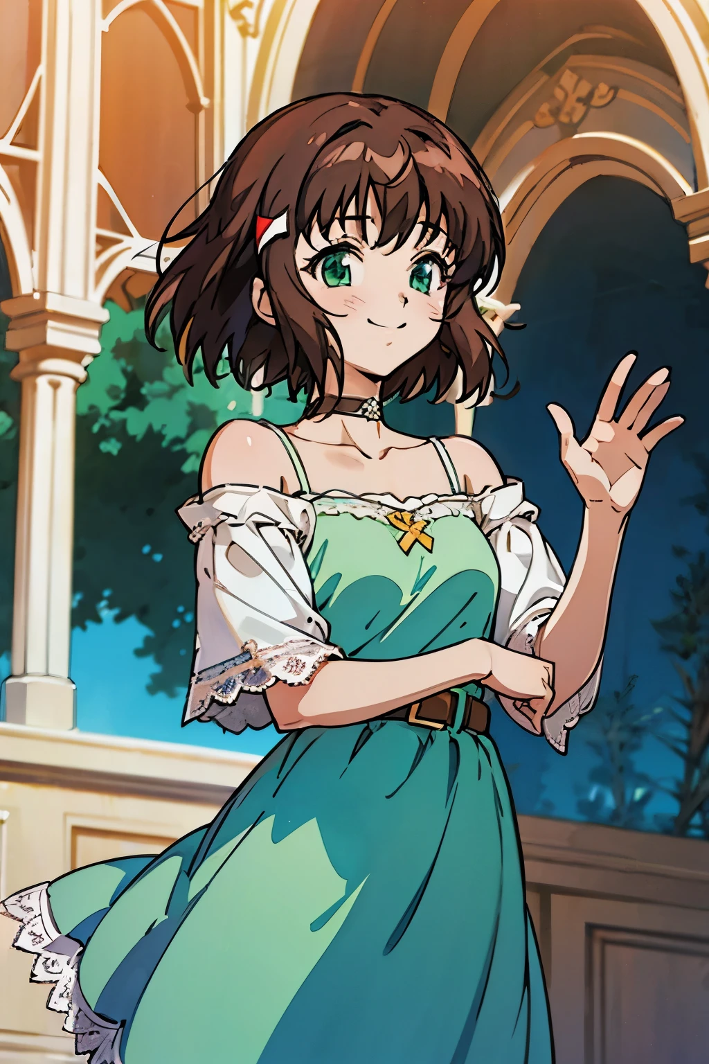 shoko sashinami, valvrave, 1 girl, brown hair, green eyes, fantasy world, ruins, folk, beautiful sky, shining sky, sunshine, smiling, waving, belt, ribbon choker, choker, wind blowing dress, lace dress, black camisole and white sweater, off-shoulder sleeves