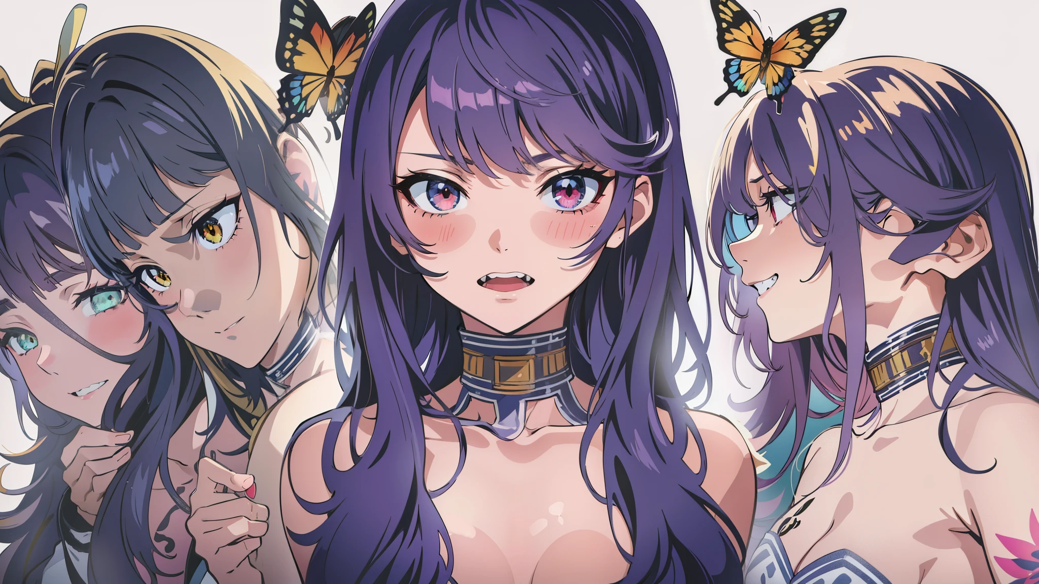 ((8K resolution))、((highest quality))、((masterpiece))、((Super detailed))((((dramatic))),  (anatomically correct)、(focus on character)、anime style、 (tachi-e), one girl、front、upright、(Completely naked),(dark pubic hair),(bristles),jagged teeth、double teeth、eye highlights、gradient hair、tattoo、blue sky、butterfly、erase the shadow、colorful、character chart