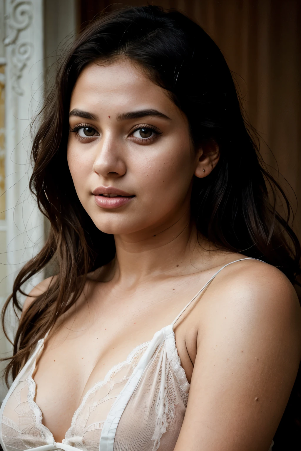 there is a woman in a white dress posing for a picture, portrait image, 50mm portrait, portrait sophie mudd, without makeup, sara ali, medium portrait soft light, julia sarda, anna nikonova, portrait soft light, 60mm portrait, malika favre, soft natural lighting, indian girl with brown skin, sexy girl with dark complexion