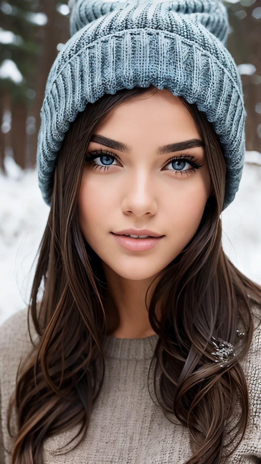 Very very very sexy girl, 1girl, solo, brunette hair, parted hair style, wearing long jumper, wearing a woollen beanie, full body shot, body focus, Detailed skin, Detailed Face, Detailed Lips, Detailed Eyes, light make up, seductive smile, happy, textured skin, super detail lighting,  snowy background, winter atmosphere, 