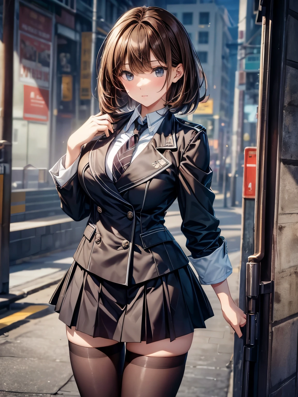 absurdres, RAW photo, extremely delicate and beautiful, masterpiece, Best Quality, ultra high resolution, 32k, hyperrealistic, ultra-detailed, perfect anatomy, anatomically correct, perfect figure, Perfect Style, Perfect balance, super Detailed skin, in her 30s, very Slim body, narrow waist, very small head, very small face, delicate facial features, handsome detailed woman, very detailed eyes and face, realistic face proportions, Realistic beautiful face, Realistic beautiful eyes, tearful mole, earring, big tits, whole body shot, medium hair, outdoor, military jacket, (school_uniform:1.2), skirt, dress shirt,
