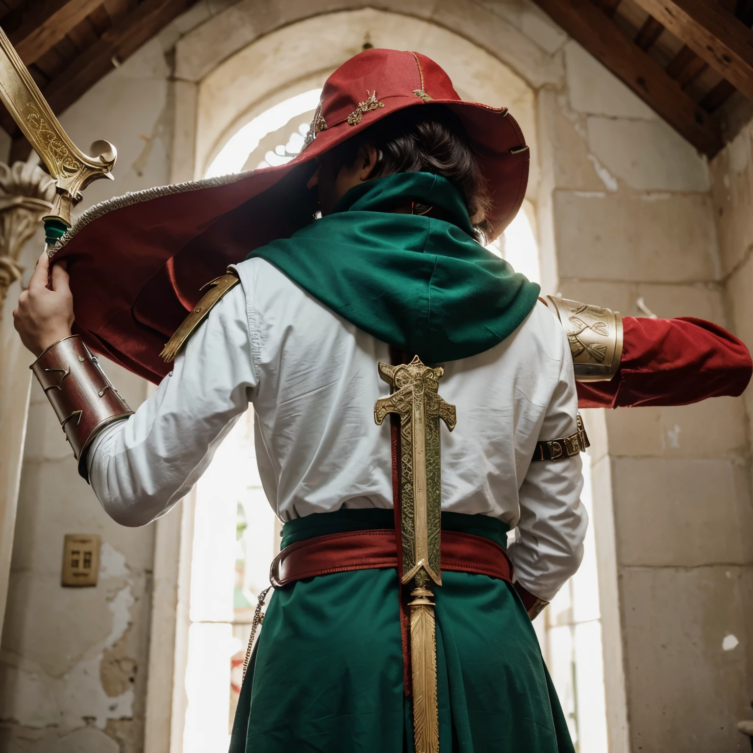 "Guardian Acauã with green armor, branca e vermelha, com detalhes em dourado, elmo em forma de capacete medieval com viseira vermelha, long, sharp sword with green and white details on the blade, large round shield with the coat of arms of Mucajaí and a red cloak flowing down the back, com bordas em verde e branco." MASCULINO  COM CAPACETE MEDINDO 2 METROS DE ALTURA