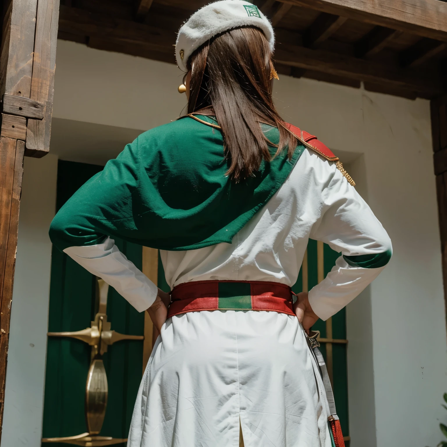 "Guardian Acauã with green armor, branca e vermelha, com detalhes em dourado, elmo em forma de capacete medieval com viseira vermelha, long, sharp sword with green and white details on the blade, large round shield with the coat of arms of Mucajaí and a red cloak flowing down the back, com bordas em verde e branco." MASCULINO COM CAPACETE MEDINDO 2 METROS DE ALTURA