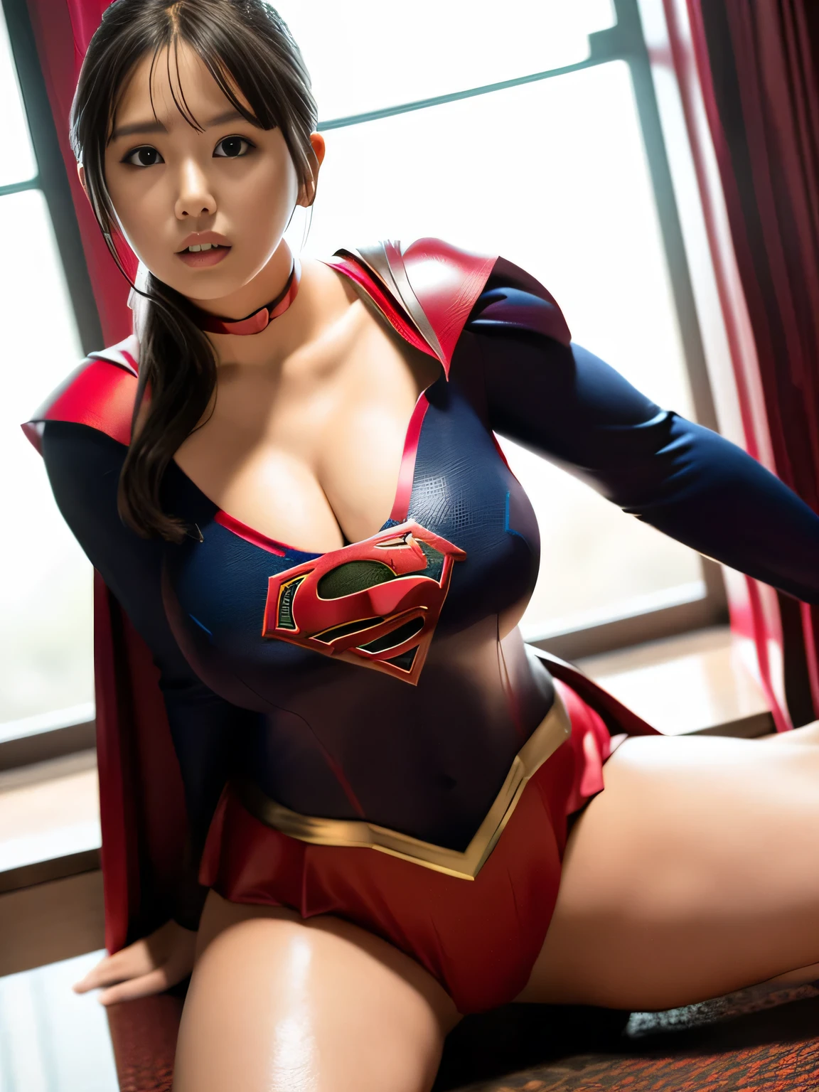 masterpiece、supergirl costume、short hair、big and full 、test subject、Crisis situation、sense of abuse、torture、spread your legs、Poor land、shiny、looking at camera、Seduce、choker、long sleeve、red sexy pohumiliating、