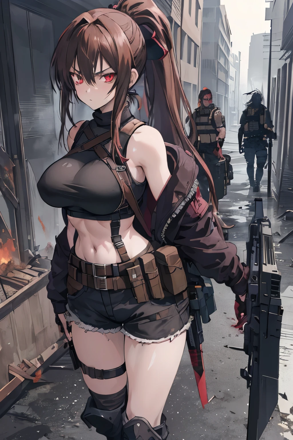 (animesque:1.3), (apocalypse background), Extreme refinement, 1girl in、long brown hair, ponytail, sexy, aloof look, glare, apocalypse, apocalyptic clothes, zombie apocalypse, survival gear, shorts, tank top, crop top, harness, belt, boots, backpack, shoujo, 2000’s anime style ( body) (large breasts)