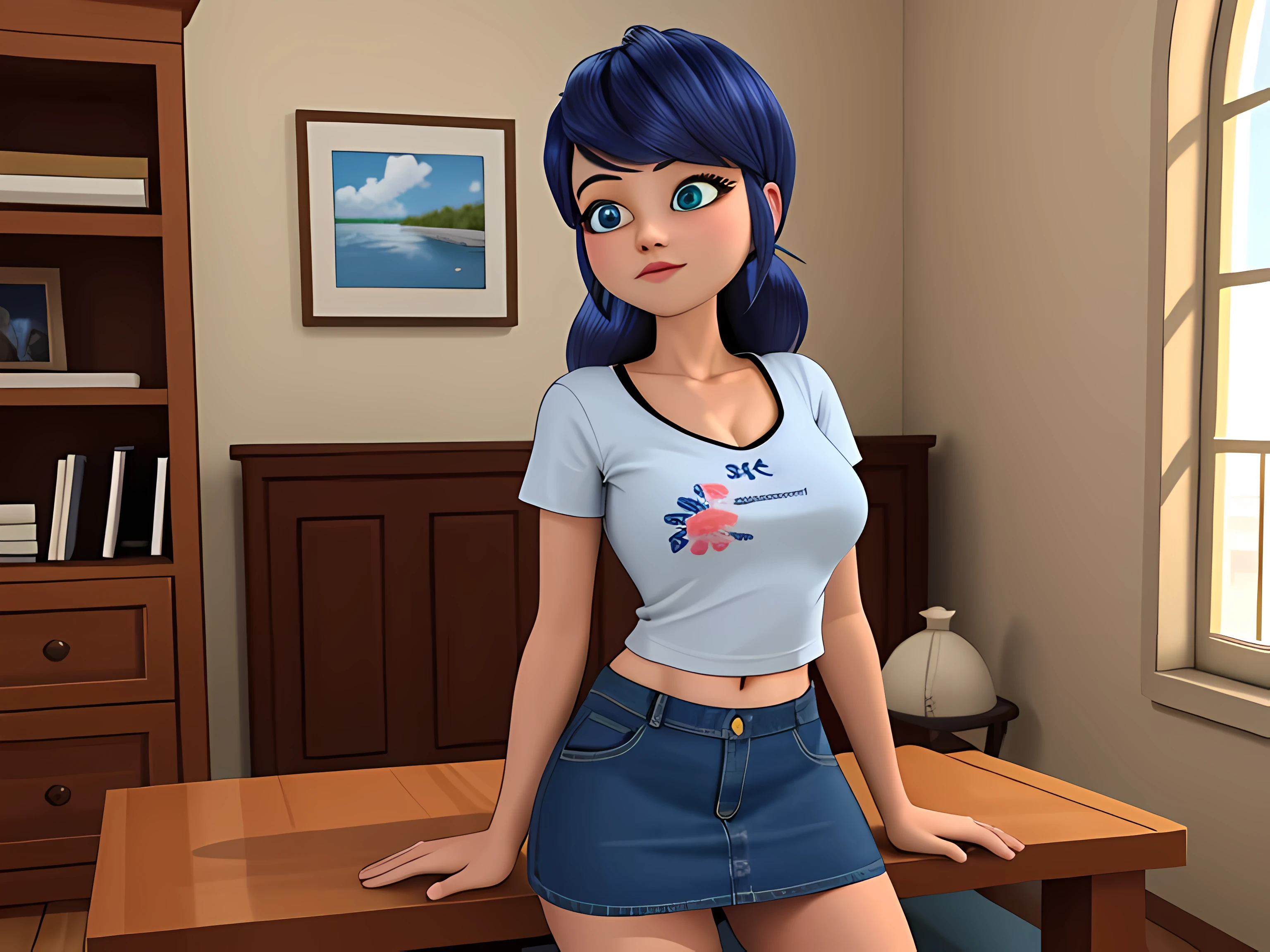 (8k, RAW photo, best quality, masterpiece:1.2), (intricate details), perfect eyes, perfect face, perfect lighting, beautiful, (masterpiece:1.2), (best quality:1.2), 1girl, solo, marinette, blue hair, ((long loosen hair)), adult torso, 17 years old, slight smile, big sized breasts, (denim skirt, short skirt, red navel t-shirt), cowboy shot, 3DMM, seated, front view