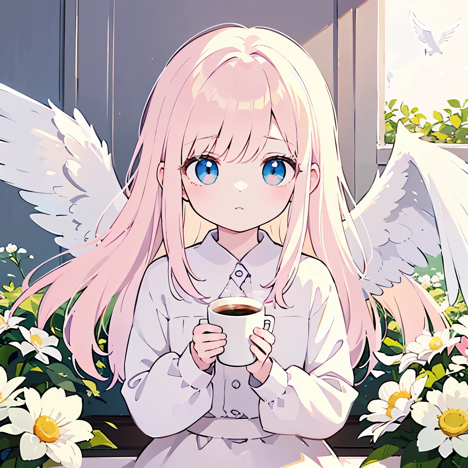 painting of a with a cup of coffee and angel wings, of an beautiful angel girl, beautiful angel, angel girl, of beautiful angel, portrait of a beautiful angel, beautiful angel girl portrait, angelic, angelical, dark angel of coffee, winged girl angel, adorable digital painting, angel-themed, angel, beautiful female angel, young wan angel