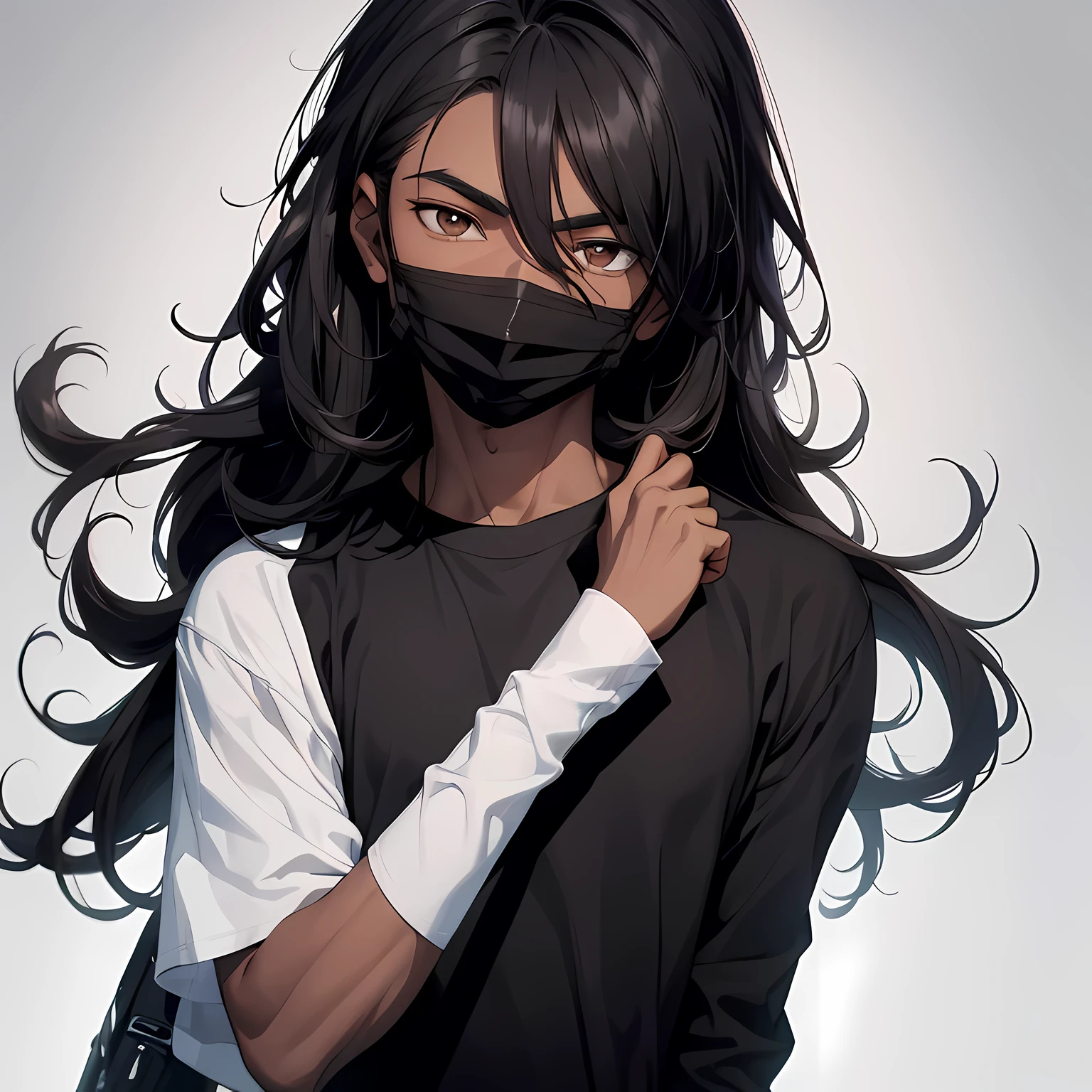 un homme de 20 ans, he has dark skin, longs cheveux noirs en désordre, yeux marrons, porter un masque noir, porter une chemise noire, fond blanc, ultra-tranchant, high resolution, 8K