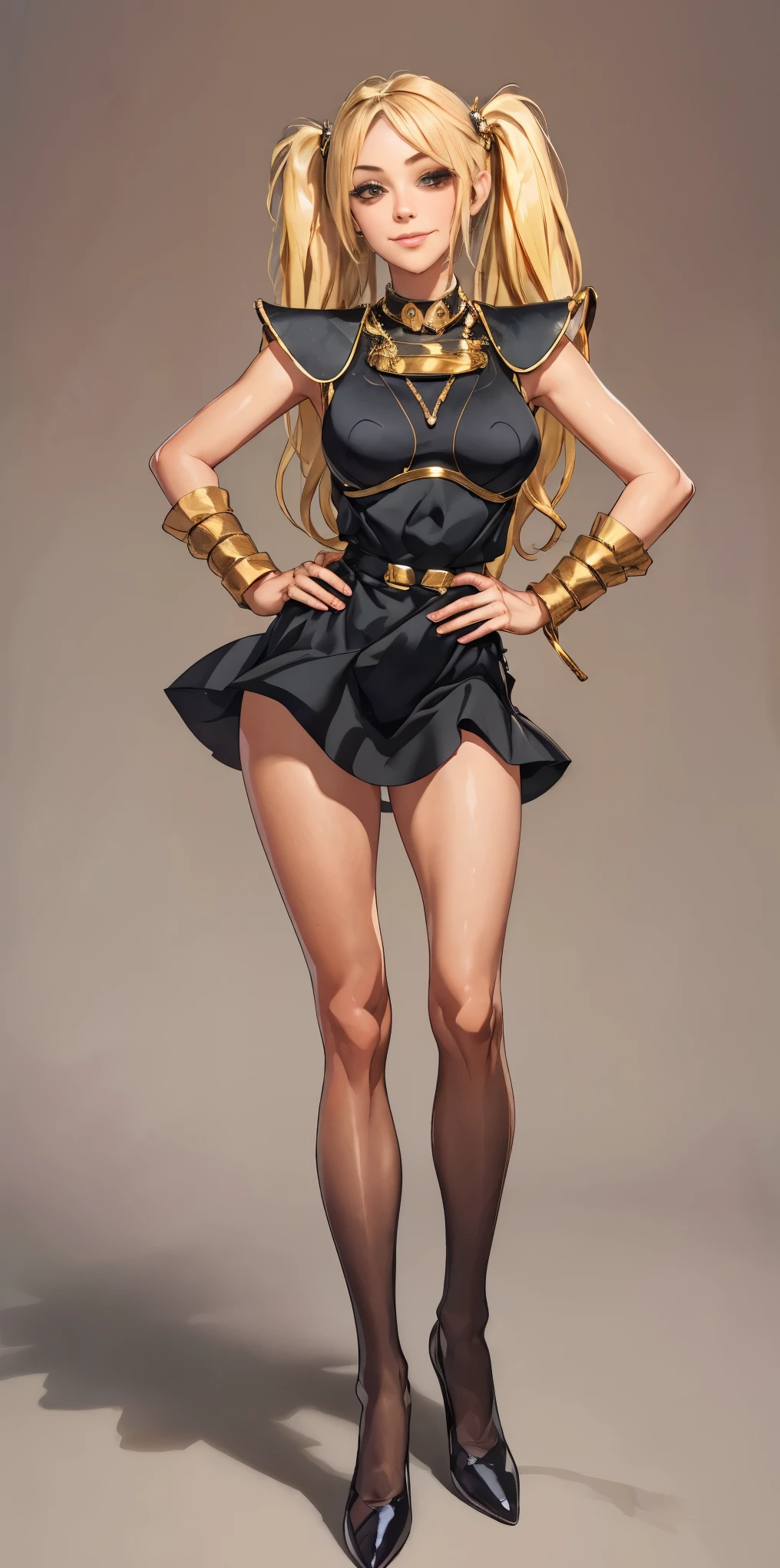 full body standing straight symmetrical, huge cowboy shot, solo 1MILF, lustful smirking smile face, looking at viewer, hands on hips, twintails, twin drills, dress, striped pantyhose, metal handcuffs on their hands with a black maetal slave collar around her neck, cowbell attached to the choker, sleeveless, black stockings, golden tiara