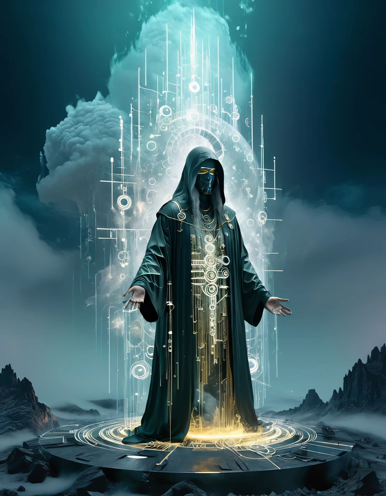 (Magic Giant Formation), highly unified CG design, 3D renderings, mysterious geometric shapes, clear focus, (transparent white long haired old Taoist floating in front of the twelve zodiac magic formation), robe, (Green Dragon Crescent Blade: 0.), (Long Sword), collapse of the huge black hole heaven and earth, clear magic symbols, combination magic array, gold cultivation, complex combination rituals, surrealism, surreal digital art, visual exaggeration Cyberpunk, nanopunk, light painting, thick fog, mountains, towers, meteorites,