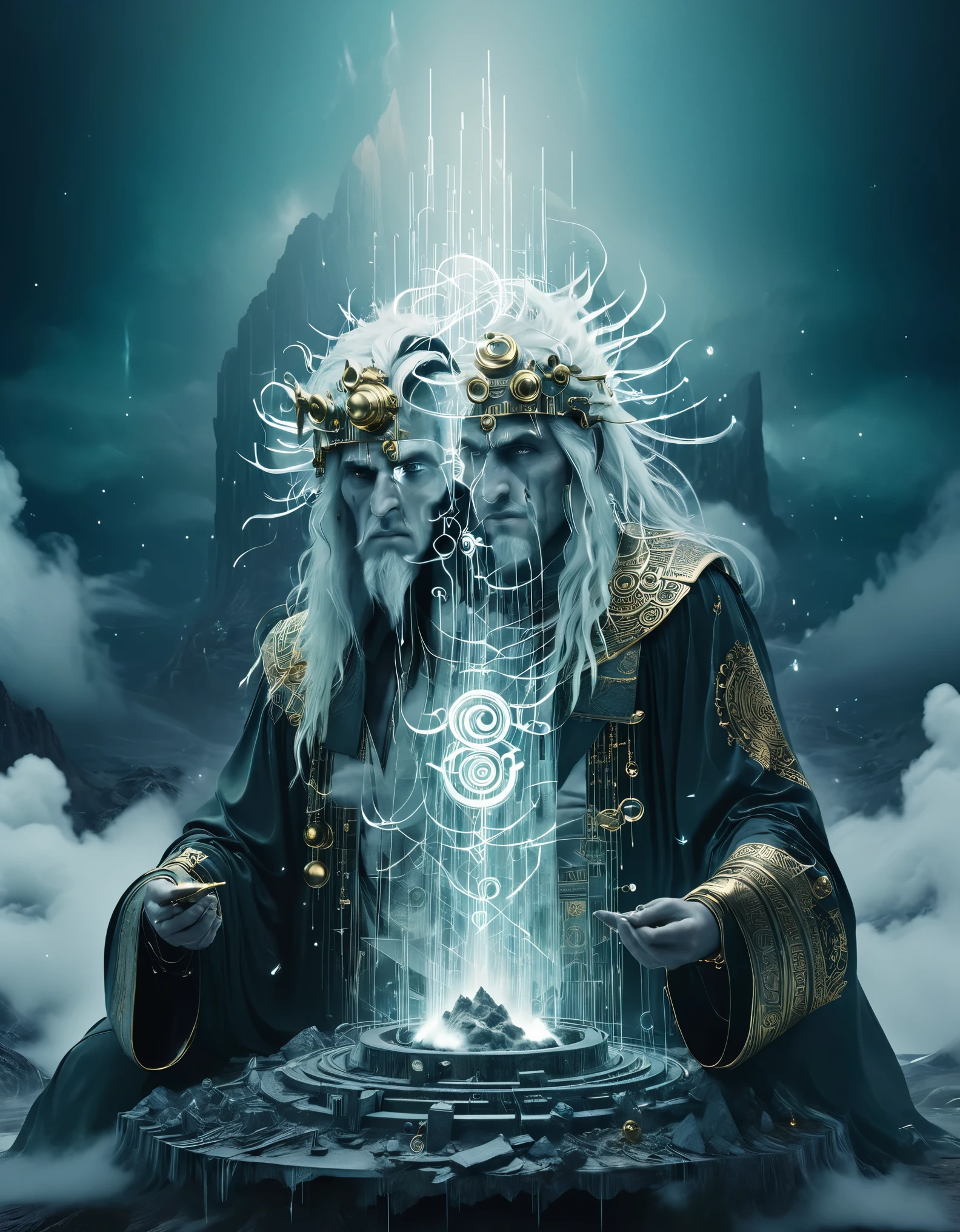 (Magic Giant Formation), highly unified CG design, 3D renderings, mysterious geometric shapes, clear focus, (transparent white long haired old Taoist floating in front of the twelve zodiac magic formation), robe, (Green Dragon Crescent Blade: 0.), (Long Sword), collapse of the huge black hole heaven and earth, clear magic symbols, combination magic array, gold cultivation, complex combination rituals, surrealism, surreal digital art, visual exaggeration Cyberpunk, nanopunk, light painting, thick fog, mountains, towers, meteorites,