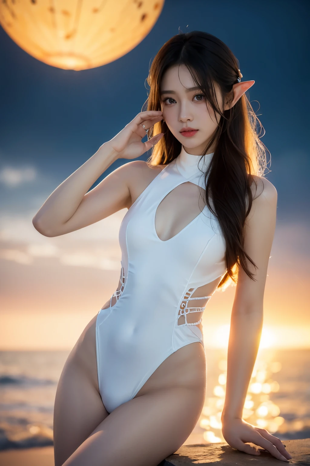 (((small萝莉,smallsmall的身体,small))),(((28 years old))),(anime elf ,有着极其charming美丽的水色头发)), ((female love,Yuri)),(((big breasts))),((((light hair:1.35,blond)))),(((aqua_Eye:1.3))),complicated的Eye,beautiful detailed Eye,symmetrical Eye,big Eye:1.5,(((Fair skin,dark_skin,shiny skin:1.5,bright skin:1.5,shiny skin,非常shiny skin,shining body,plastic glitter skin,Exaggerated glowing skin,glowing skin))),(,body details,(Detailed face)), charming,debauchery,,bold, ((High-neck one-piece swimsuit:1.5,Blue and white porcelain swimsuit:1.5)),,revealing clothes,skin暴露,(half naked),((complicated的服装,complicated的衣服,embroidered clothing,Gorgeous costumes,embroidered clothes,Gorgeous clothes))), (dynamic poses:1.0),Awkward,(center,Scale to fit dimensions,rule of thirds), ((Sky,ocean,cloud,)),dark storm cloud,((ocean滩景观,错综complicated的风景)), (glossy winter decorations),high resolution,clear focus,(super detailed,Very detailed),(realistic artwork:1.37),(Very detailed的CG统一8k壁纸),(((bright colors,Vibrant theme))),(complicated),(masterpiece),(best quality),