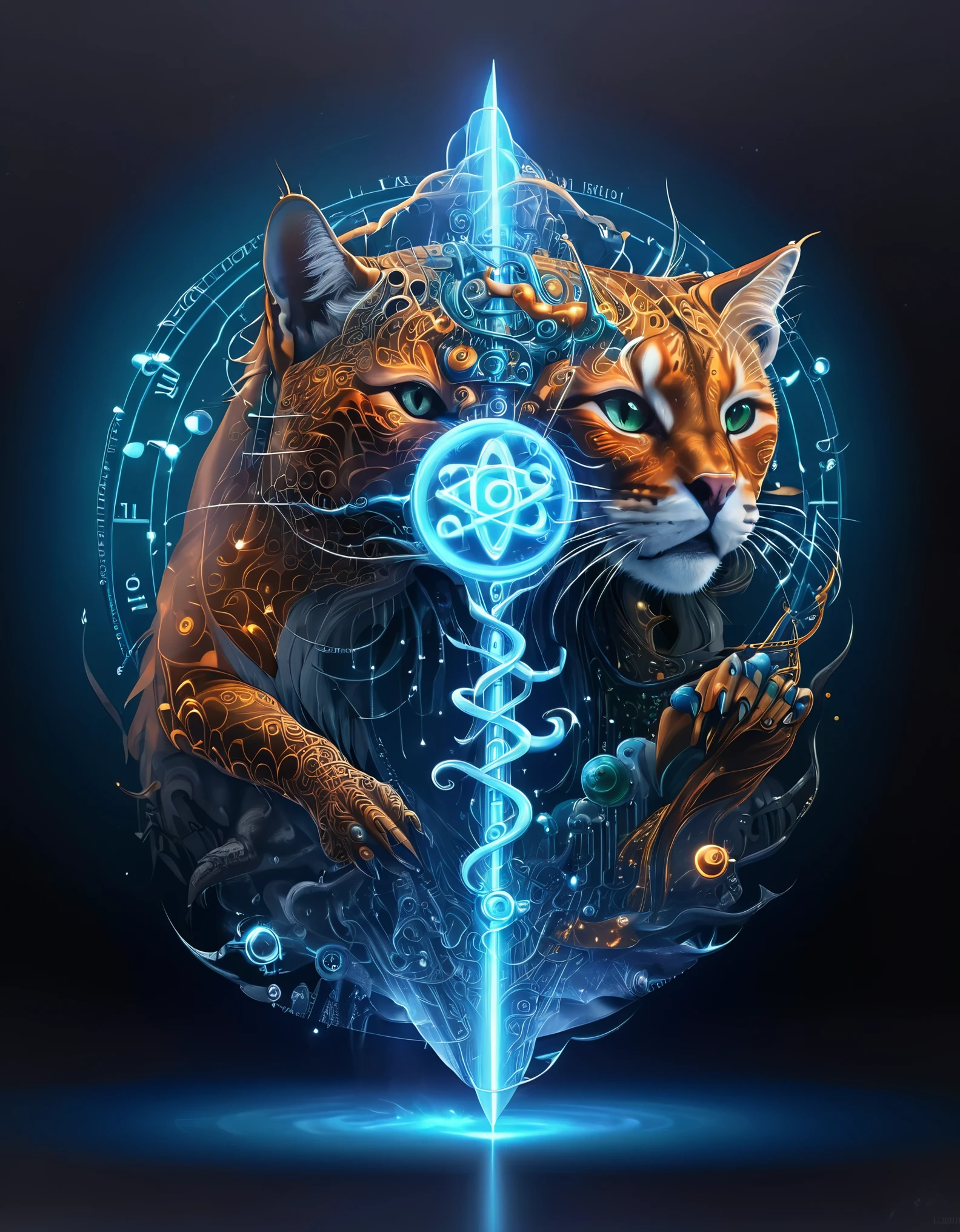Magic formation, 3D renderings, mysterious geometry, sharp focus, (transparent ghost faced magician floating in front of the twelve zodiac magic formation), beautiful witch with nine arms, each dragging various zodiac symbols, magic ball, crow, orange cat, exceptionally charming blue eyes, robe, green dragon crescent sword, carved long sword, clear Mobius ring, heaven and earth collapse, clear magic symbols, combination magic formation, summoning, Complex combination rituals such as material and non-material transformation, gold cultivation, etc., using the Mike Winckelman style, surrealism, surrealism, surreal digital art, Visual Exaggeration, Nanopunk, Atompunk, Assembly, Circuit, Light Painting, Aries, etc, ♈ Hey Taurus, ♉ Hey Gemini, ♊ Hey, Cancer, ♋ Hey, Scorpio, ♏ Hey, Libra, ♎ Ah, Virgo, ♍ Hey Leo, ♌ Ah, Sagittarius ♐ Hey Capricornus, ♑ Ah, Aquarius, ♒ Hey, Pisces, ♓ Um, Unreal engine, octane render, V-Ray, high detail, high quality, high resolution, surrealism, 16K, super wide angle, satellite view, biomedical science,Red hair,,orange cat,Extraordinarily charming royal blue eyes,robe,Qinglong Yanyue Sword,