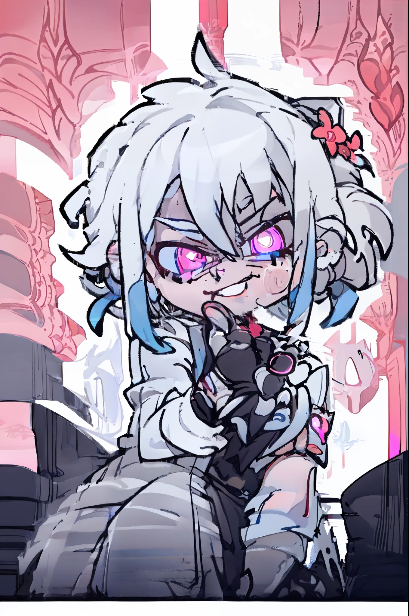 1 sticker, manual, 2d, white background, simple background, minimum, cute, tiny, pastel color, vector style, no gradient, masterpiece, best quality, anime, highly detailed eyes, highly detailed face, pink background, perfect illumination, cowboy shot, feet out of frame, 1 girl in, solo, blue hair, blue hair, standing, symbol-shaped pupils, flower-shaped pupils, red flower, blue eyes, conceited , light smile