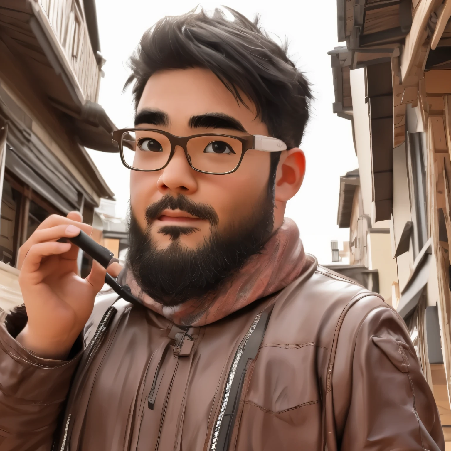 male、Natural light、Fashion Model、Refreshing man、gentle expression、Harajuku、thick eyebrows、glasses、stubble、whole body、cane