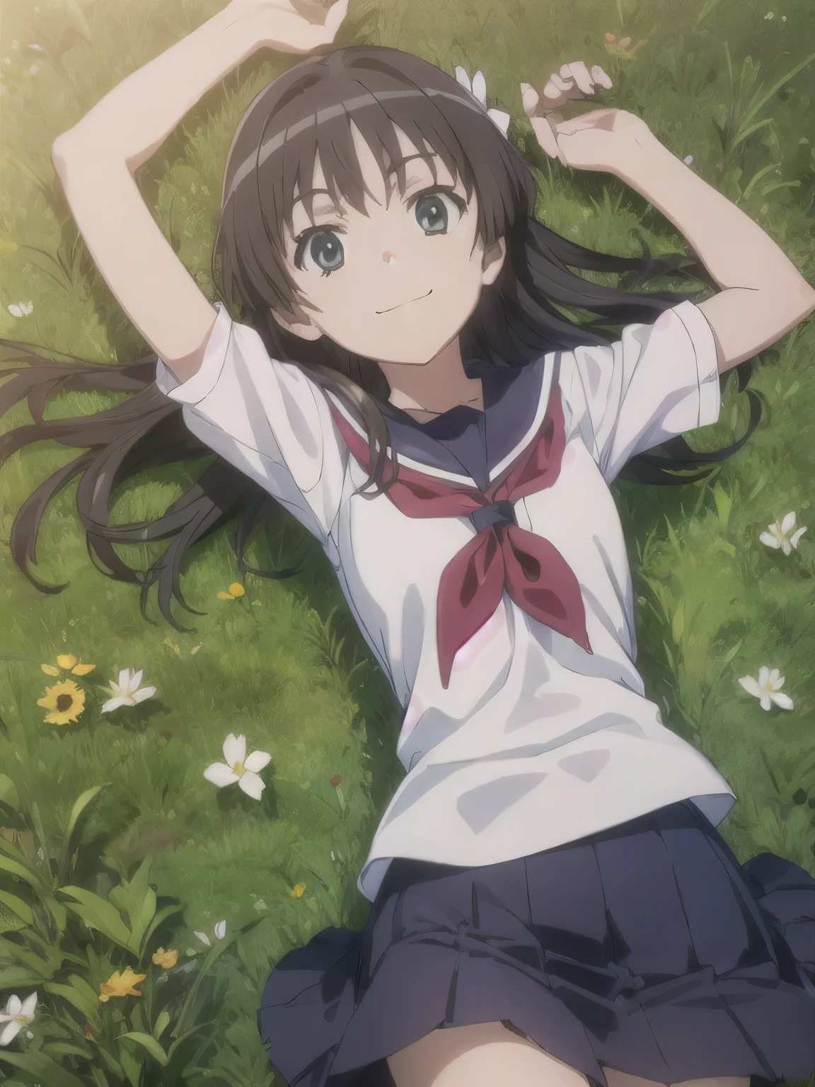 (((pixel-perfect, detail-perfect))), solo, 1girl, saten ruiko, sakugawa school uniform, looking at viewer, high quality, closed mouth, spread arms, arms up, smile, on back, on grass, looking at viewer, solo, center, cowboy shot,