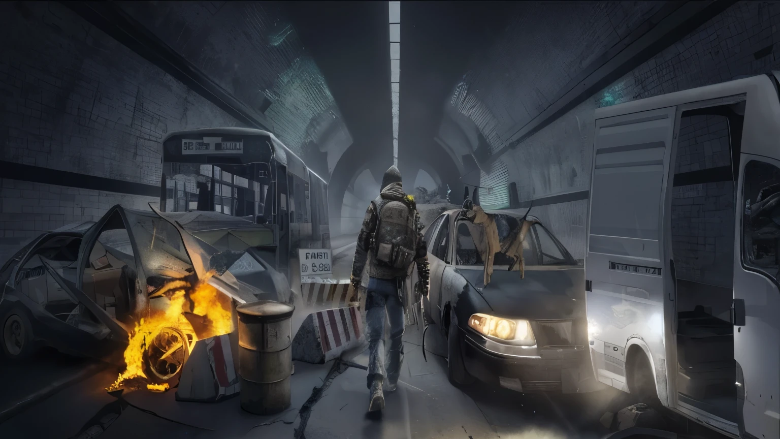 A man walks through the tunnel holding a torch and an automatic rifle, HD 4k game screenshots, post apocalyptic streets, Realistic dark concept art, Game CG, Post apocalyptic city streets, FPS game concept art, Realistic apocalyptic war scenario, Detailed and tough, Video game screenshots in 2020, Highly realistic concept art, Post-apocalyptic atmosphere,one point perspective