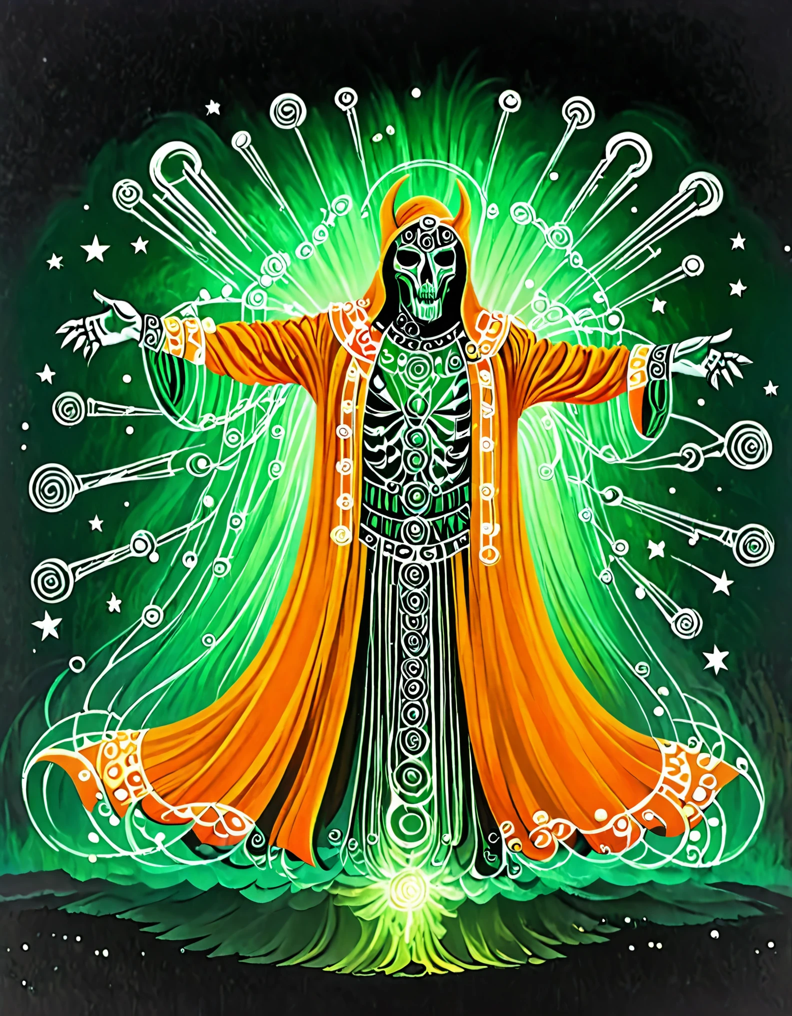 (Magic Giant Formation), highly unified CG design, 3D renderings, mysterious geometric shapes, clear focus, (Transparent Ghost Face Magician floating in front of the Twelve Constellations Magic Formation), (Beautiful Nine Armed Witch: 0.85), (Dragging various constellation symbols and magic balls and crows with each arm: 0.65), orange big cat, especially charming green eyes, robe, (Green Dragon Crescent Blade: 0.), (Carving Long Sword) Clear Mobius rings, massive black holes, collapse of heaven and earth, clear magical symbols, combination magic arrays, transformation of matter and non-matter, golden cultivation, complex combination rituals, using Mike Winkelman style, surrealism, surrealism, surreal digital art, visual exaggeration, cyberpunk, nanopunk, circuit, lighting painting, Aries, etc, ♈ , Taurus, ♉ , Gemini, ♊ , Cancer, ♋ , Scorpio, ♏ , Libra, ♎ , Virgo, ♍ , Leo, ♌ Ah, Sagittarius ♐ , Capricorn, ♑ , Aquarius, ♒ , Pisces, ♓ , Unreal,