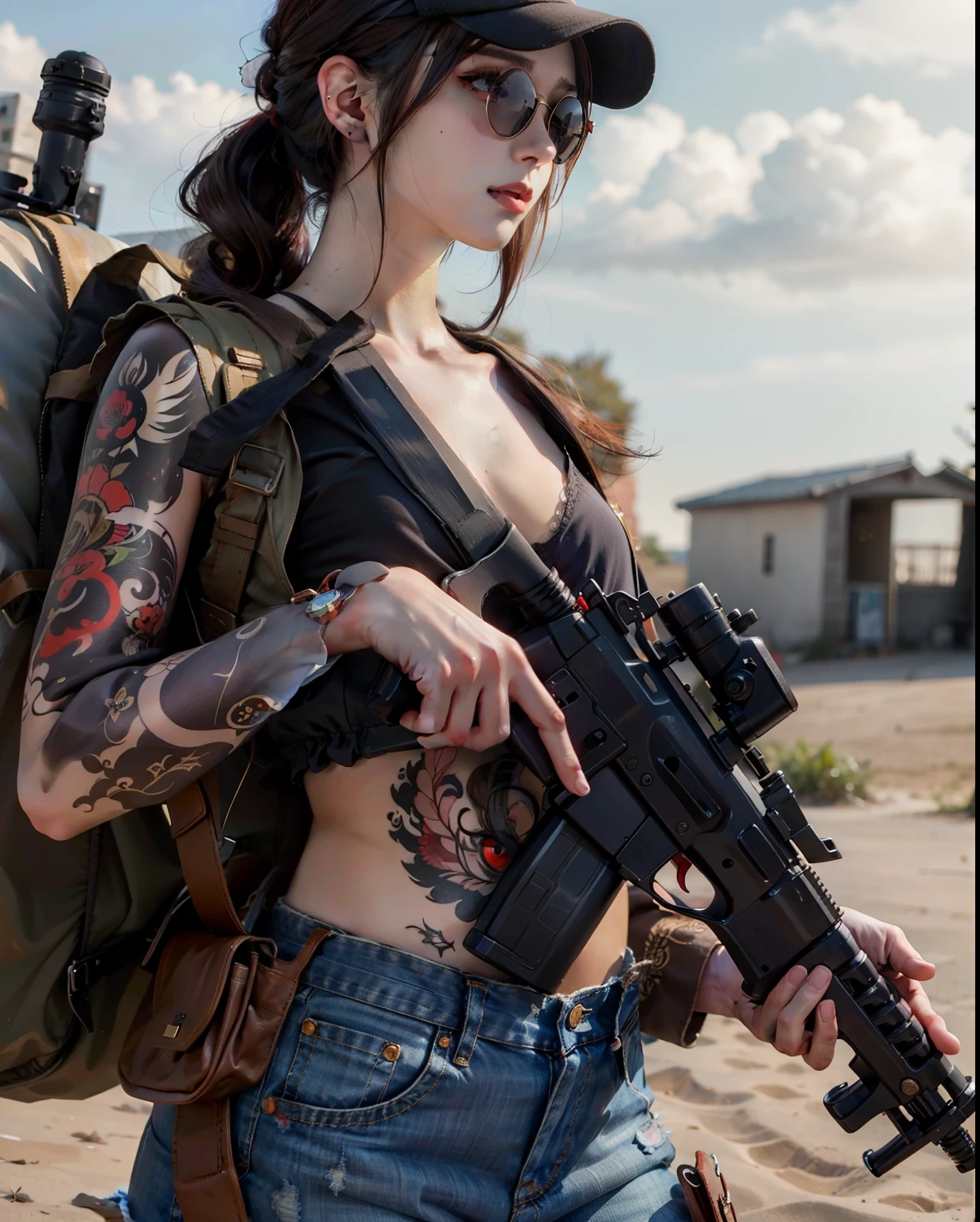 （Modify hair only、Face）Reddish-brown hair，Long curly hair，high ponytail，red headdress，red eyes，red eye，red pupils，Delicate and detailed eyes，sparkling eyes，Automatic Rifle，tattoo，Wear sunglasses