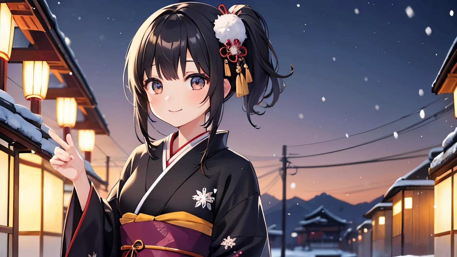 Japanese one person girl cute smile black hair kimono kimono winter snow scene wallpaper