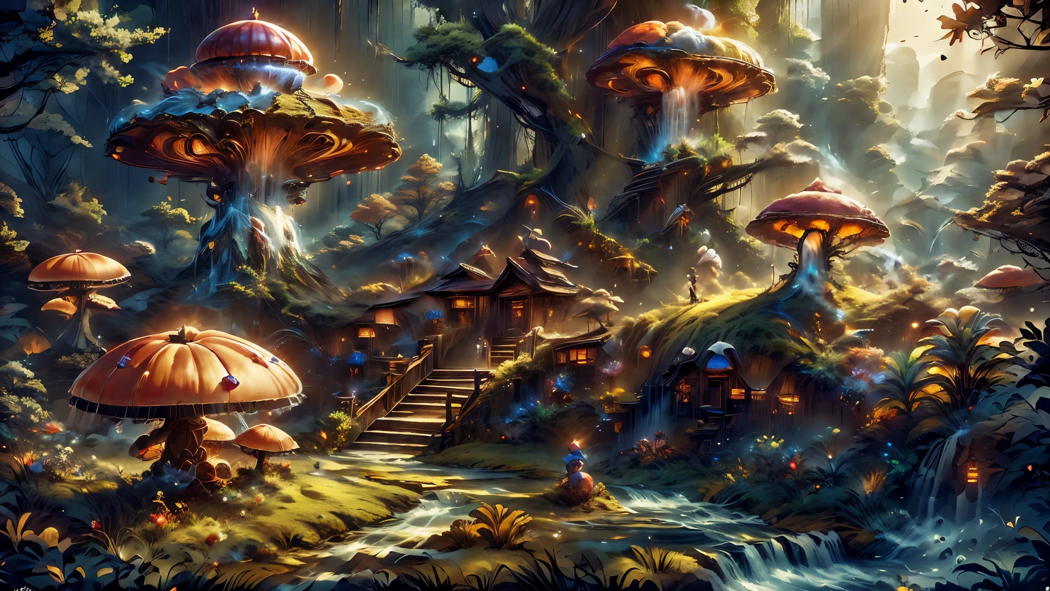 (Masterpiece), best quality, 8k, panoramic view, forest, majestic trees, colorful mushrooms, serene rivers, varied fruits, made up the enchanted setting. Natives like playful gnomes, bouncing squirrels, curious foxes, fluffy rabbits, and melodic birds brought the landscape to life. The gnomes' abodes, harmoniously integrated within the wide trees, emanated an atmosphere of peace and tranquility.