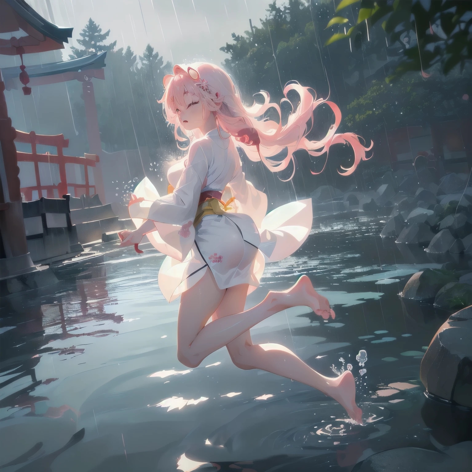 (2D animation style: 1.4), (Japanese animation: 1.9), HD, (Golden light: 1, 4), White skin, Full image lighting, either, (clear eyes), White sunlight, hair glow, (((Falling Rain: 1.2), sunlight, sun, tide, (Sleep), enlargement, in the back, in the back Turn, glowing, long pink hair, clear eyes, pray, Looking at the Girl from the side, side, holy light, (Clean clothes), underwater, laugh 😆😆😆😆, bubble, (water dissipation), (air dissipation)