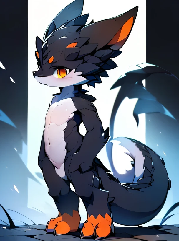 black dragon, ((softboy, charming, skinny，White skin, (big orange eyes), black scales, paw, Smooth all over，show body，Wolf's ears，stand on the ground, blank background， only one person，Detailed facial depiction, accurate detail depiction, 4k HD