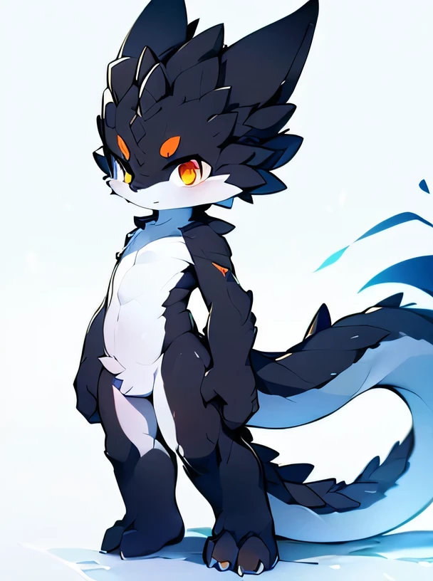 black dragon, ((softboy, charming, skinny,White skin, (big orange eyes), black scales, paw, furry ears,(fox ears 0.4),stand on the ground, blank background, only one person,Detailed facial depiction, accurate detail depiction, 4k HD