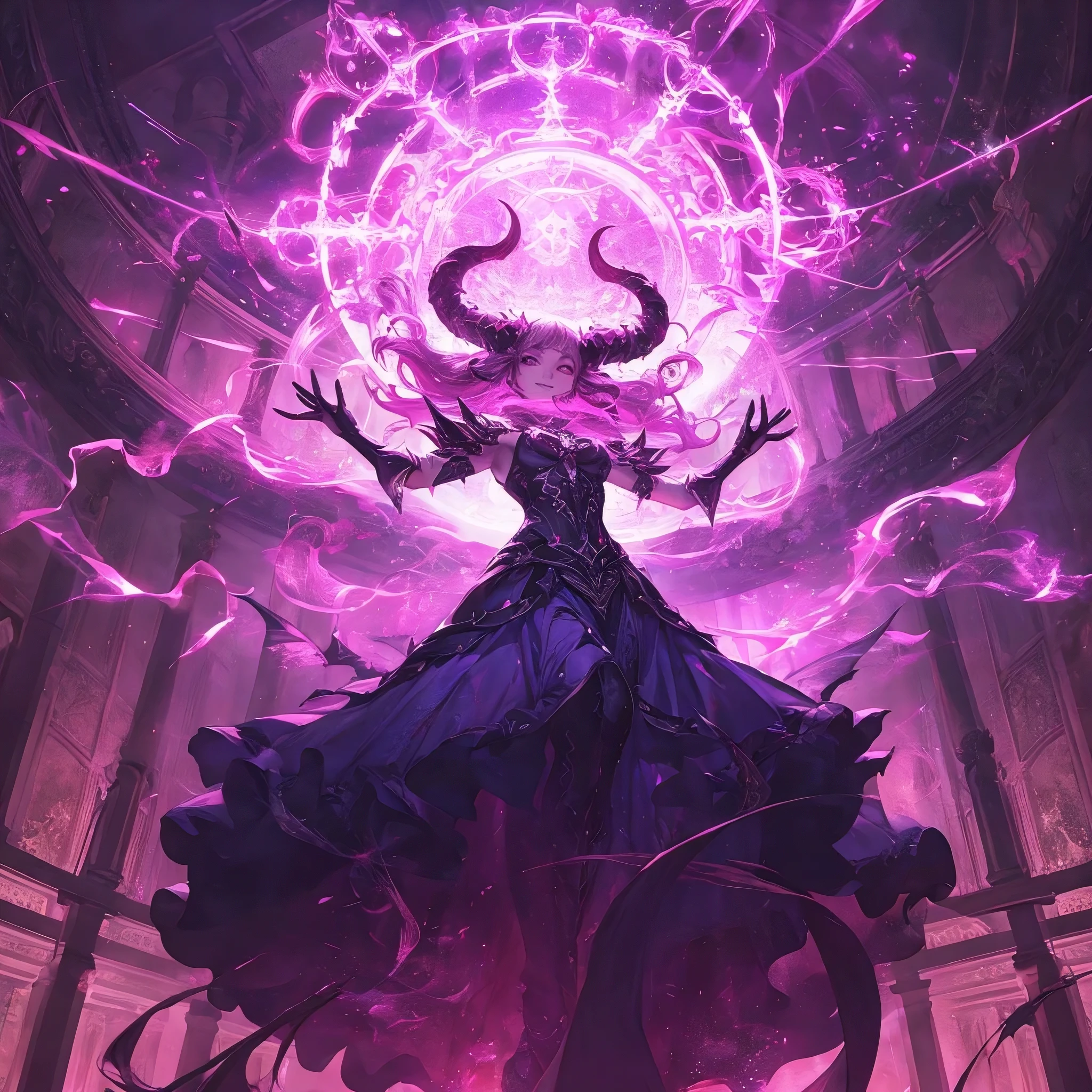 from above, best quality, masterpiece, photorealistic, from below, best quality, masterpiece, photorealistic, a demoness rises from a glowing summoning circle, dark aura, grin, temple, (floating items)