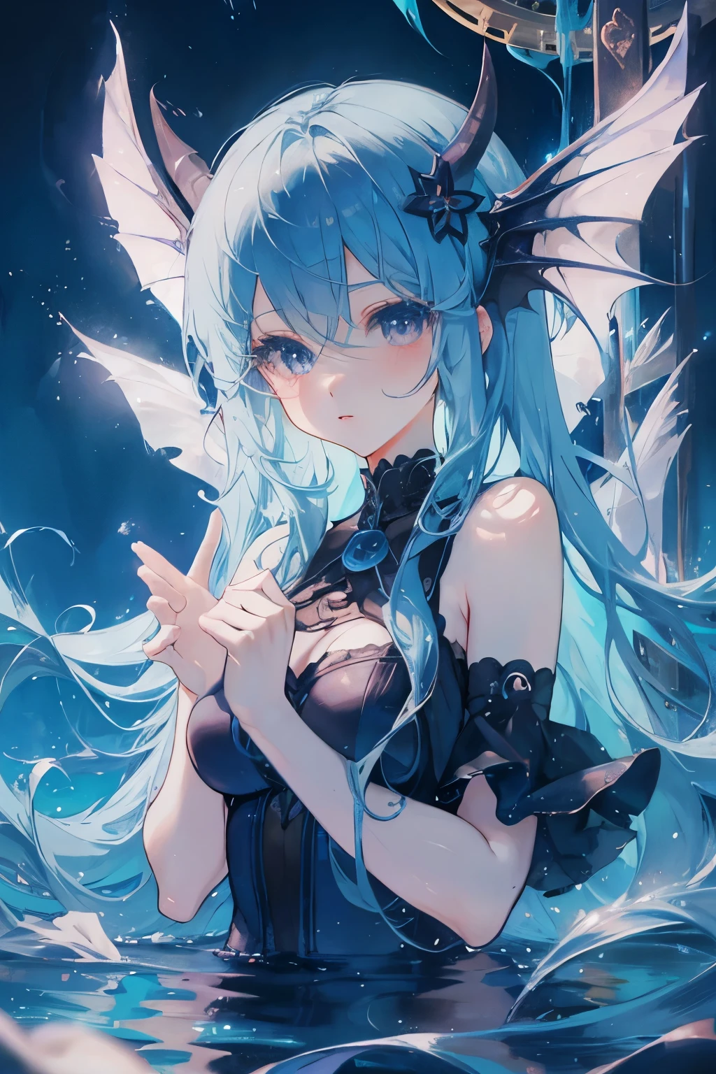 blue hair，Succubus，girl，long hair，Atmosphere，Big eyes of the water spirit，Anime cute art style, light and shadow