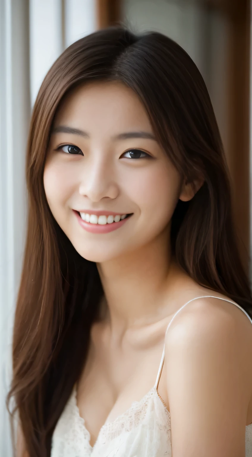 masterpiece,best quality,(Japanese ),((Beautiful girl)),cleavage,indoor,(perfect body beauty:1.2),(shy smile),beautiful teeth,