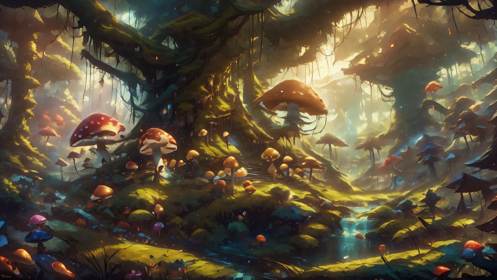 (Masterpiece), best quality, 8k, panoramic view, forest, majestic trees, colorful mushrooms, serene rivers, varied fruits, made up the enchanted setting. Natives like playful gnomes, bouncing squirrels, curious foxes, fluffy rabbits, and melodic birds brought the landscape to life. Gnome abodes within wide trees, ethereal atmosphere, captivating landscape, peace, tranquility,